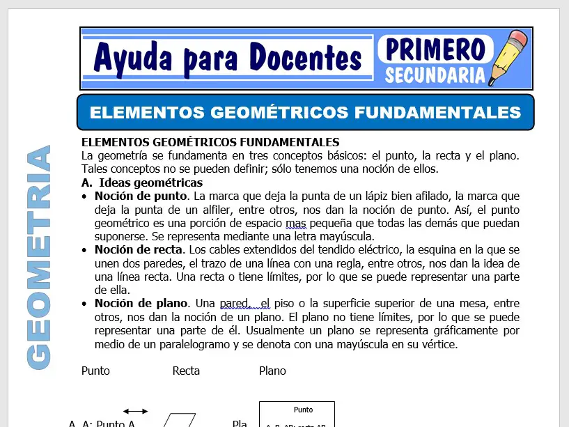 Modelo de la Ficha de Elementos Geométricos Fundamentales para Primero de Secundaria