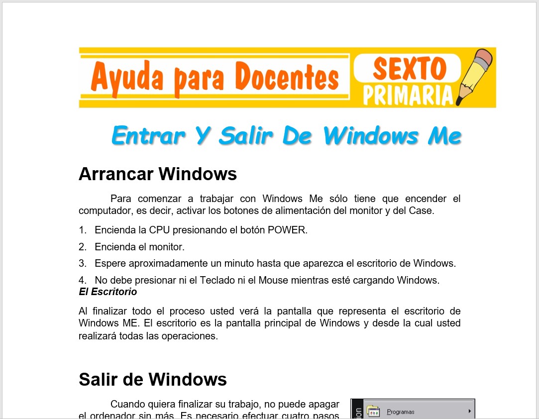 Modelo de la Ficha de Entrar Y Salir De Windows Me para Sexto de Primaria Modelo de la Ficha de Entrar Y Salir De Windows Me para Sexto de Primaria