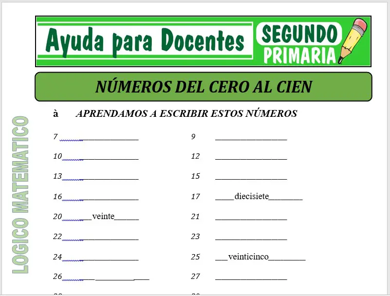 Modelo de la Ficha de Escribimos del Cero al Cien para Segundo de Primaria