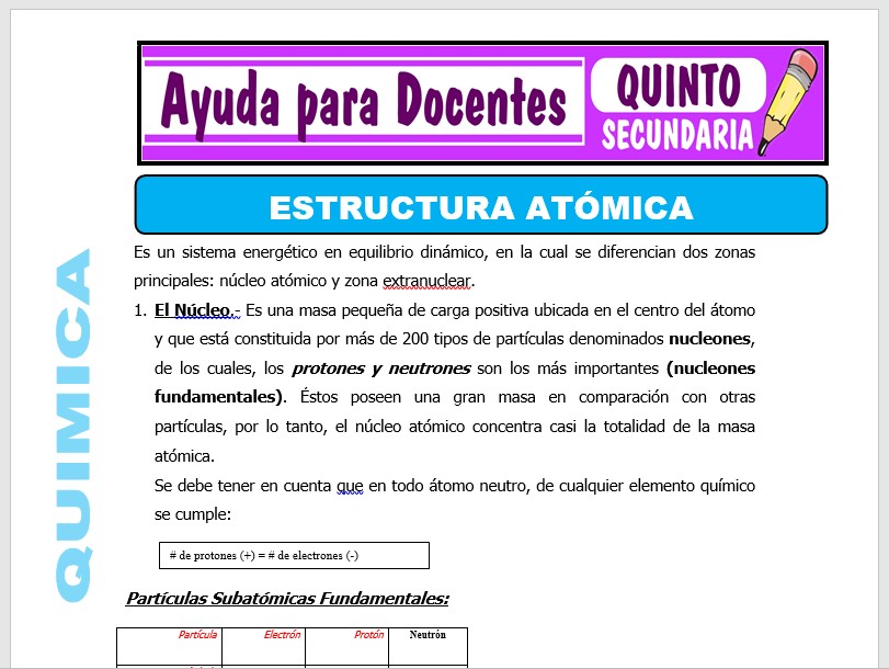 Modelo de la Ficha de Estructura Atómica para Quinto de Secundaria Modelo de la Ficha de Estructura Atómica para Quinto de Secundaria