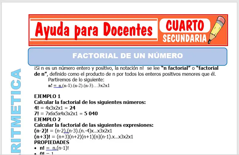 Modelo de la Ficha de Factorial de un Número para Cuarto de Secundaria