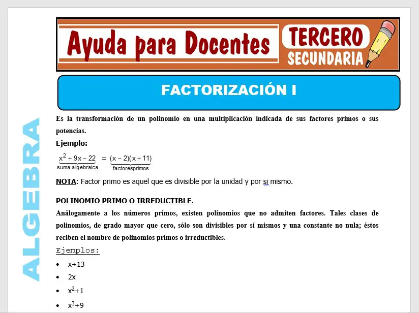 Modelo de la Ficha de Factorización I para Tercero de Secundaria