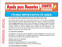 Modelo de la Ficha de Fechas importantes del mes de Abril. para Cuarto de Primaria
