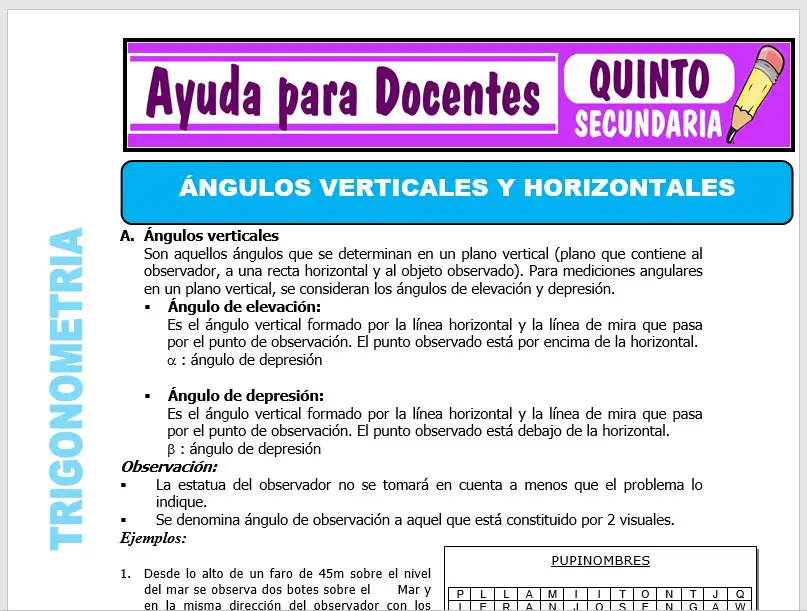 Modelo de la Ficha de Fichas de ángulos Verticales y Horizontales para Quinto de Secundaria
