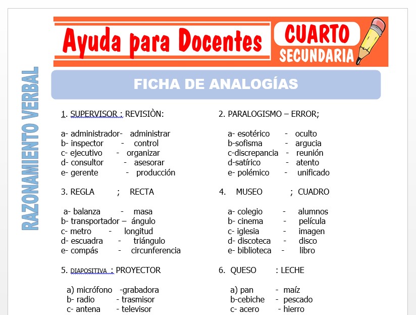 Modelo de la Ficha de Fichas de Analogías para Cuarto de Secundaria Modelo de la Ficha de Fichas de Analogías para Cuarto de Secundaria