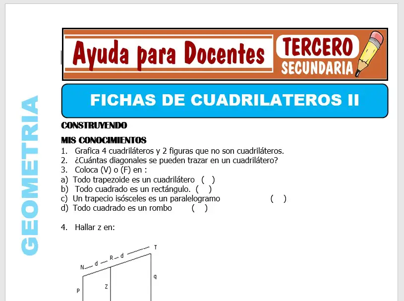 Modelo de la Ficha de Fichas de Cuadriláteros II para Tercero de Secundaria