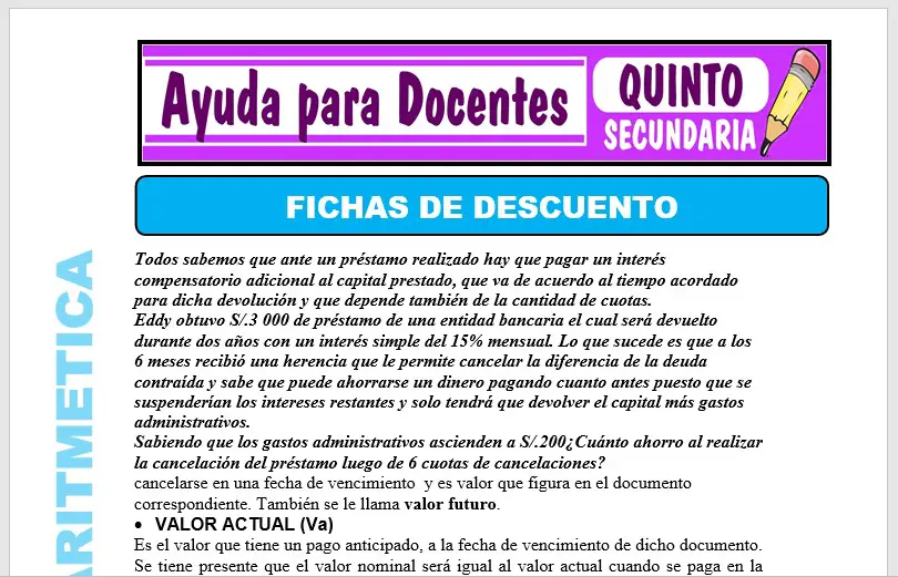 Modelo de la Ficha de Fichas de Descuento para Quinto de Secundaria