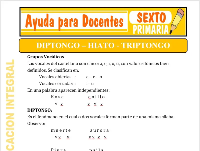 Modelo de la Ficha de Diptongo - Triptongo e Hiato para Sexto de Primaria Modelo de la Ficha de Diptongo - Triptongo e Hiato para Sexto de Primaria