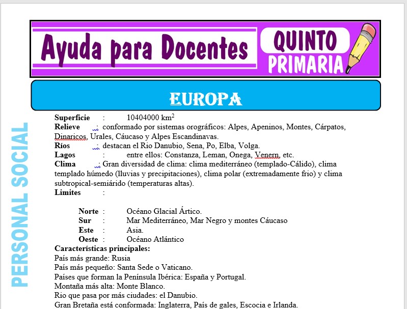 Modelo de la Ficha de Separatas de Europa para Quinto de Primaria Modelo de la Ficha de Separatas de Europa para Quinto de Primaria