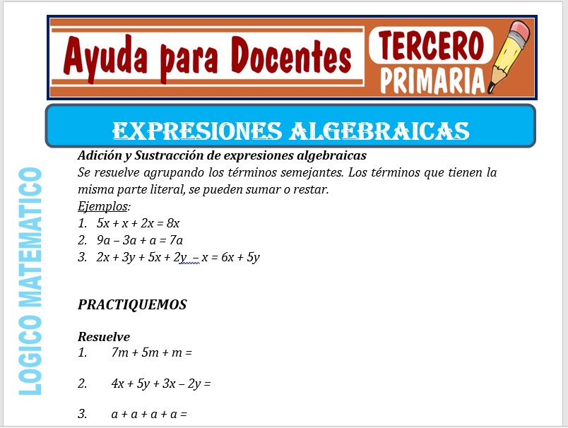 Modelo de la Ficha de Expresiones Algebraicas para Tercero de Primaria Modelo de la Ficha de Expresiones Algebraicas para Tercero de Primaria