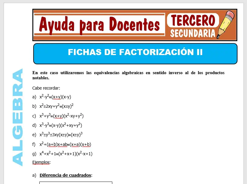Modelo de la Ficha de Fichas de Factorización II para Tercero de Secundaria