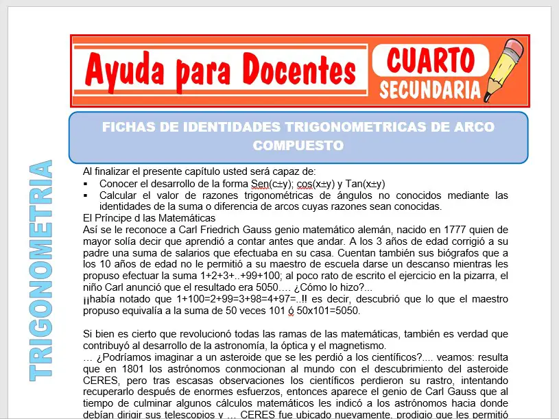 Modelo de la Ficha de Fichas de Identidades Trigonométricas para Cuarto de Secundaria Modelo de la Ficha de Fichas de Identidades Trigonométricas para Cuarto de Secundaria
