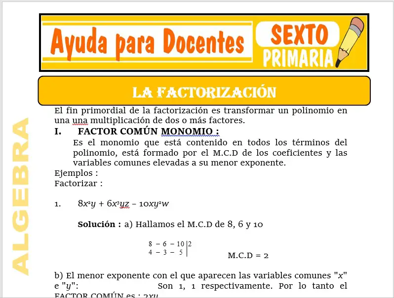 Modelo de la Ficha de La Factorización para Sexto de Primaria Modelo de la Ficha de La Factorización para Sexto de Primaria