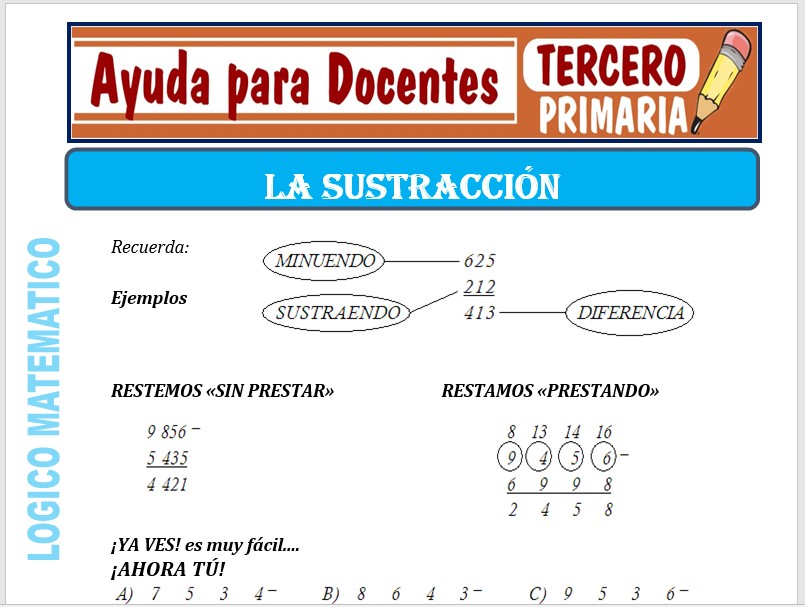 Modelo de la Ficha de la Sustracción para Tercero de Primaria Modelo de la Ficha de la Sustracción para Tercero de Primaria