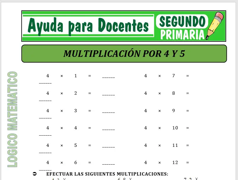 Modelo de la Ficha de  Multiplicamos por Cuatro y Cinco para Segundo de Primaria