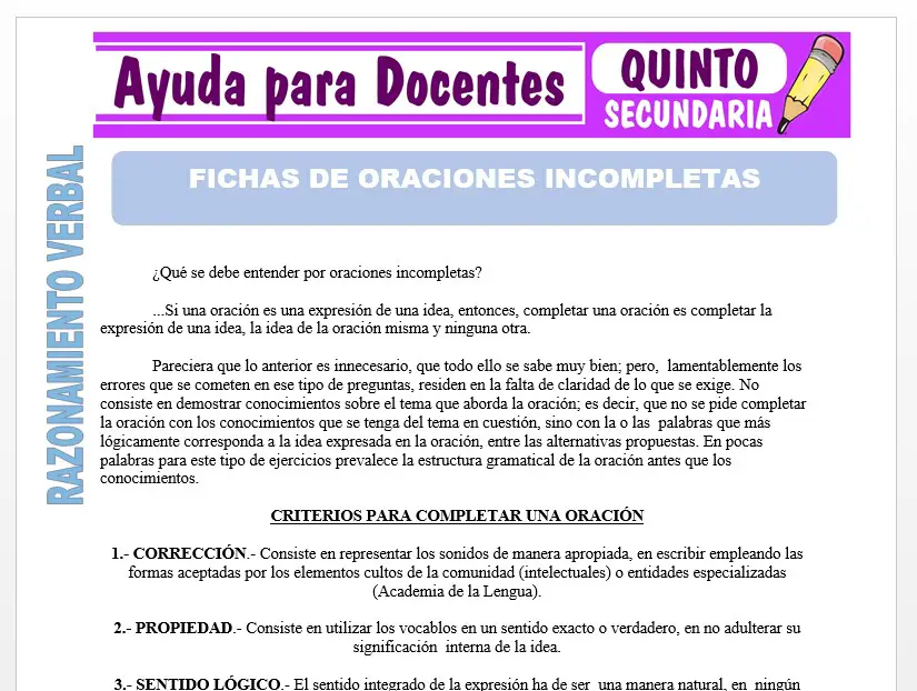 Modelo de la Ficha de Fichas de Oraciones Incompletas para Quinto de Secundaria