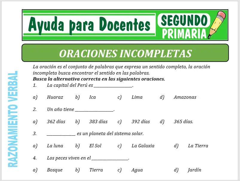 Modelo de la Ficha de Oraciones Incompletas para Segundo de Primaria Modelo de la Ficha de Oraciones Incompletas para Segundo de Primaria