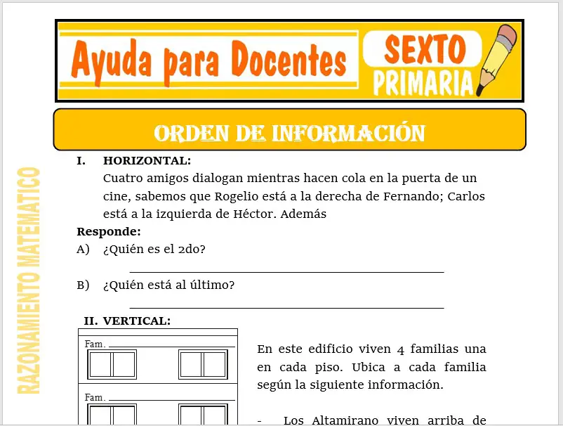 Modelo de la Ficha de Orden de Información para Sexto de Primaria Modelo de la Ficha de Orden de Información para Sexto de Primaria