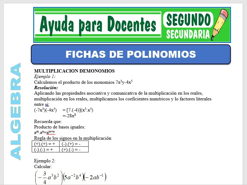 Modelo de la Ficha de Fichas de Polinomios para Segundo de Secundaria