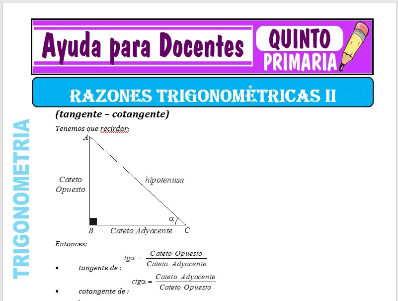Modelo de la Ficha de Razones Trigonométricas II para Quinto de Primaria