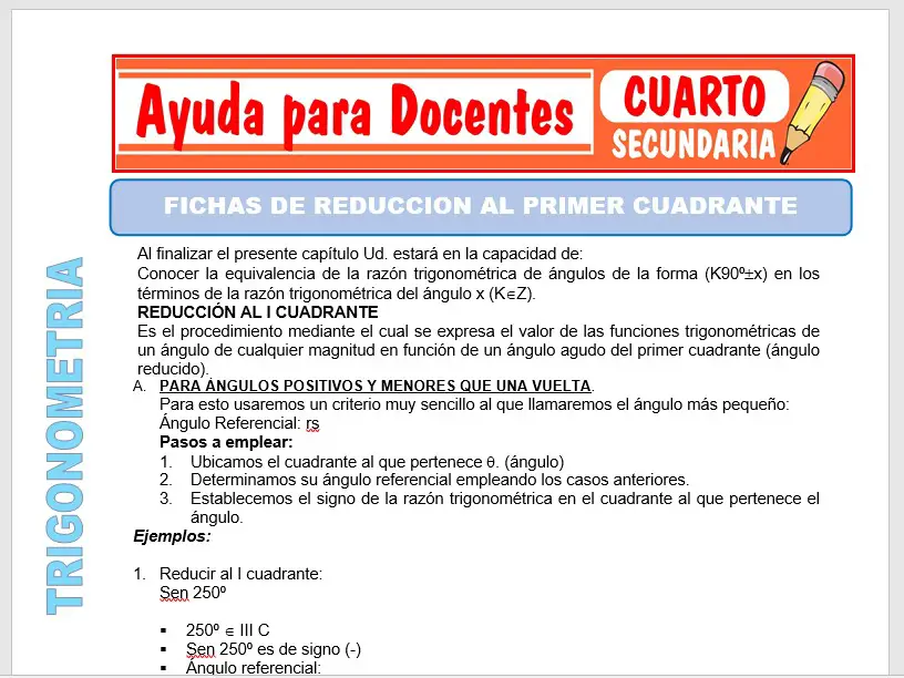Modelo de la Ficha de Fichas de Reducción al Primer Cuadrante para Cuarto de Secundaria