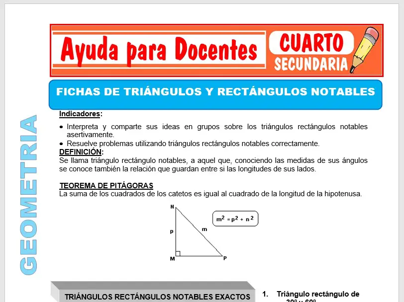 Modelo de la Ficha de Fichas de Triángulos y Rectángulos Notables para Cuarto de Secundaria