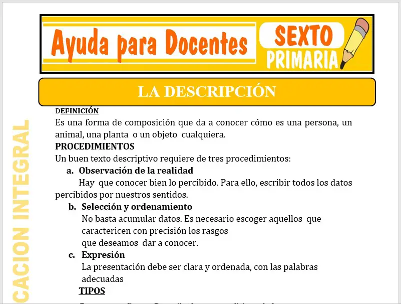 Modelo de la Ficha de La Descripción para Sexto de Primaria