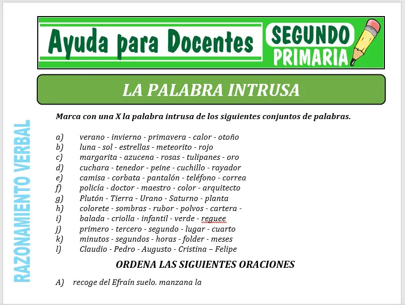 Modelo de la Ficha de Fichas de la Palabra Intrusa para Segundo de Primaria