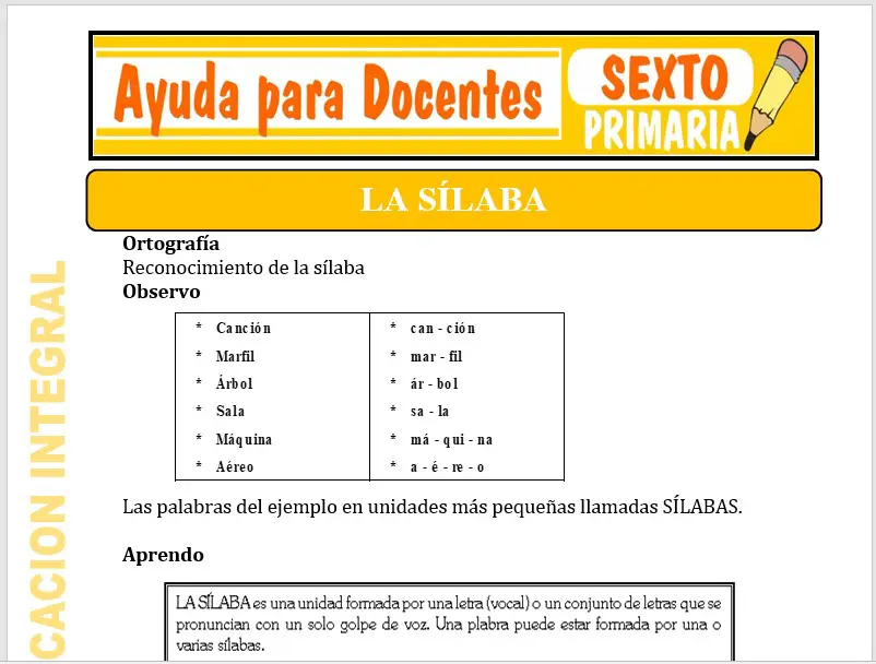 Modelo de la Ficha de La Sílaba para Sexto de Primaria