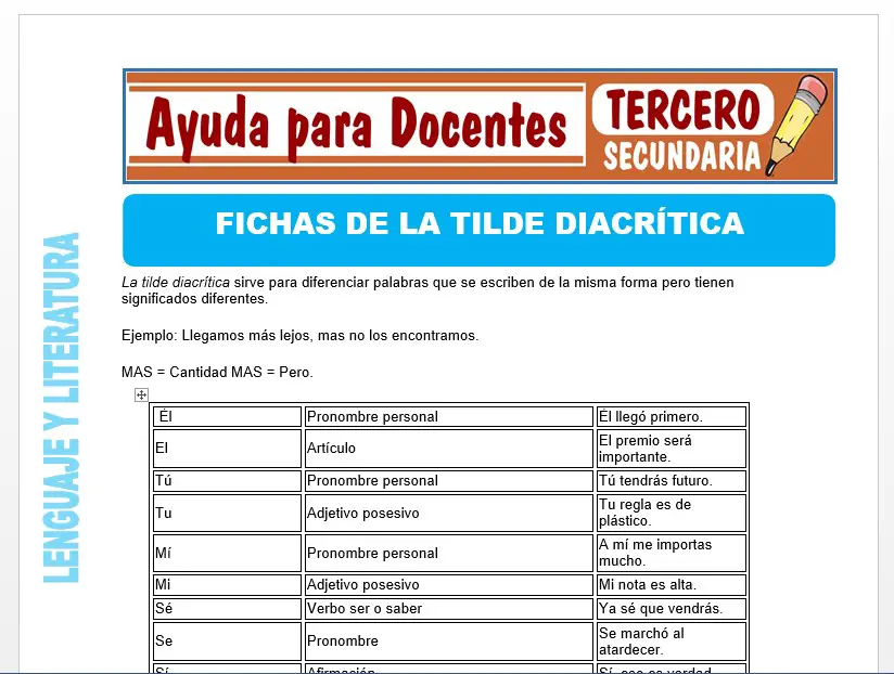 Modelo de la Ficha de Fichas de, La Tilde Diacrítica para Tercero de Secundaria