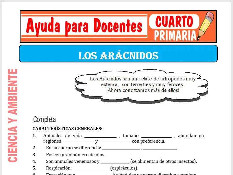 Modelo de la Ficha de Los Arácnidos para Cuarto de Primaria