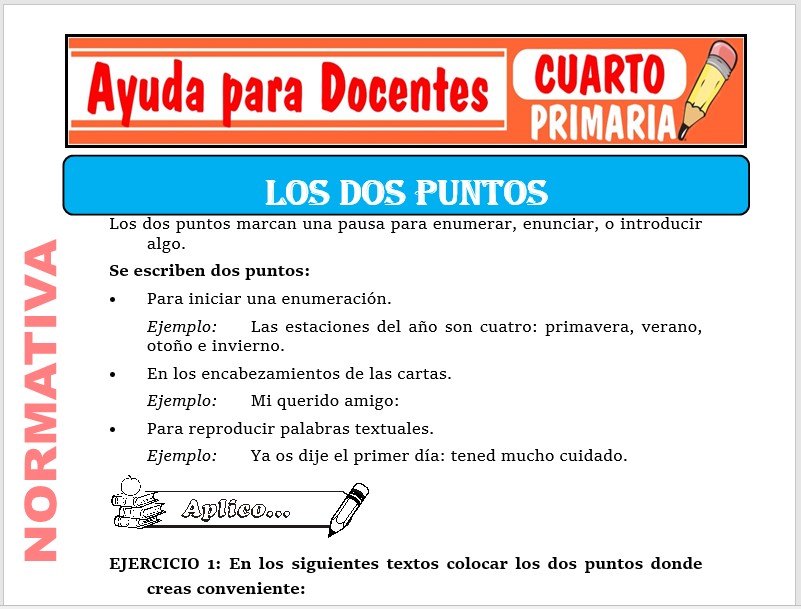 Modelo de la Ficha de Los Dos Puntos para Cuarto de Primaria Modelo de la Ficha de Los Dos Puntos para Cuarto de Primaria