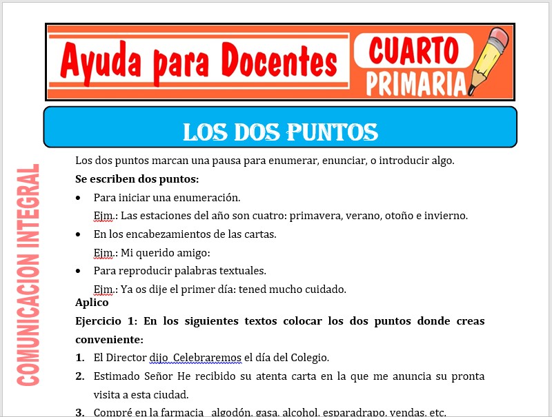Modelo de la Ficha de Los Dos Puntos para Cuarto de Primaria