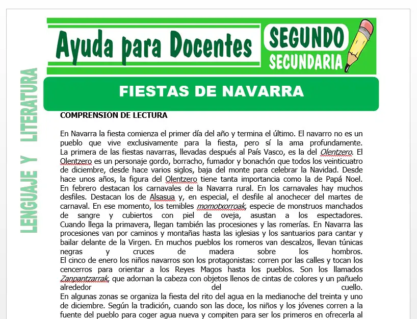 Modelo de la Ficha de Fiestas de Navarra para Segundo de Secundaria