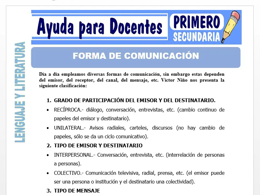 Modelo de la Ficha de Forma de Comunicación para Primero de Secundaria
