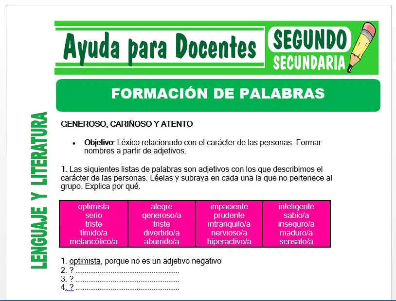 Modelo de la Ficha de Formación de palabras para Segundo de Secundaria