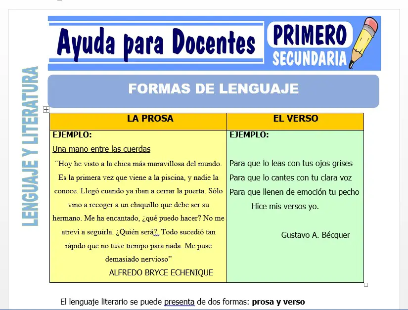 Modelo de la Ficha de Formas de Lenguaje para Primero de Secundaria