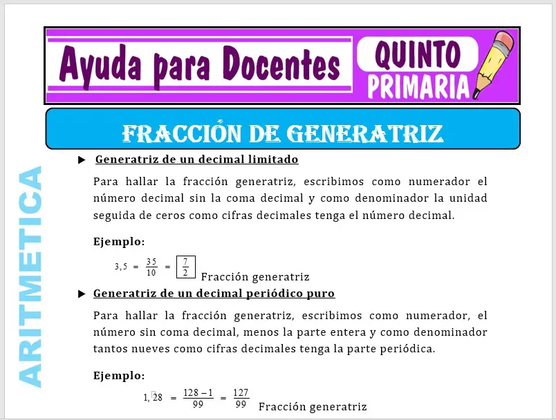 Modelo de la Ficha de Fracción Generatriz para Quinto de Primaria