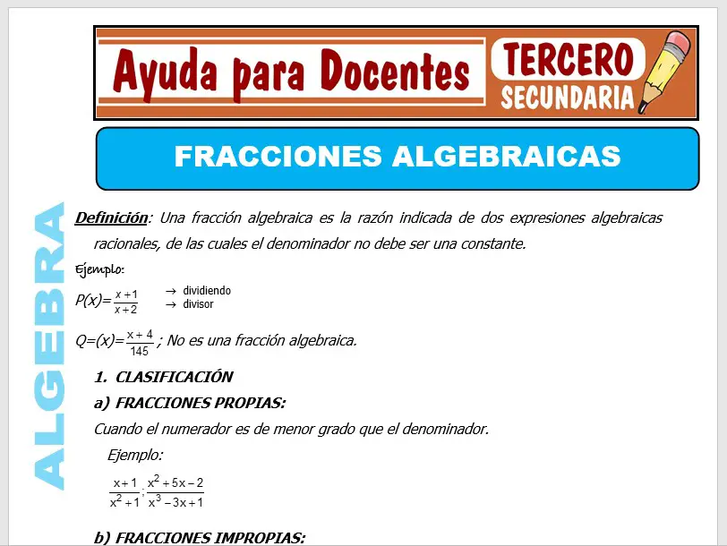 Modelo de la Ficha de Fracciones Algebraicas para Tercero de Secundaria