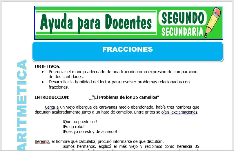 Modelo de la Ficha de Fracciones para Segundo de Secundaria