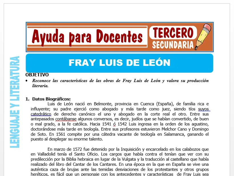 Modelo de la Ficha de Fray Luis de León para Tercero de Secundaria