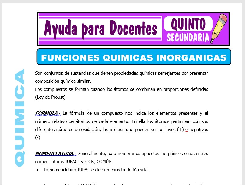 Modelo de la Ficha de Funciones químicas Inorgánicas para Quinto de Secundaria Modelo de la Ficha de Funciones químicas Inorgánicas para Quinto de Secundaria
