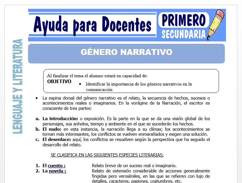 Modelo de la Ficha de Género Narrativo para Primero de Secundaria