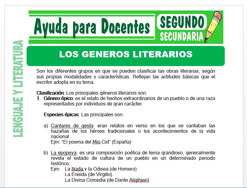 Modelo de la Ficha de Géneros Literarios para Segundo de Secundaria