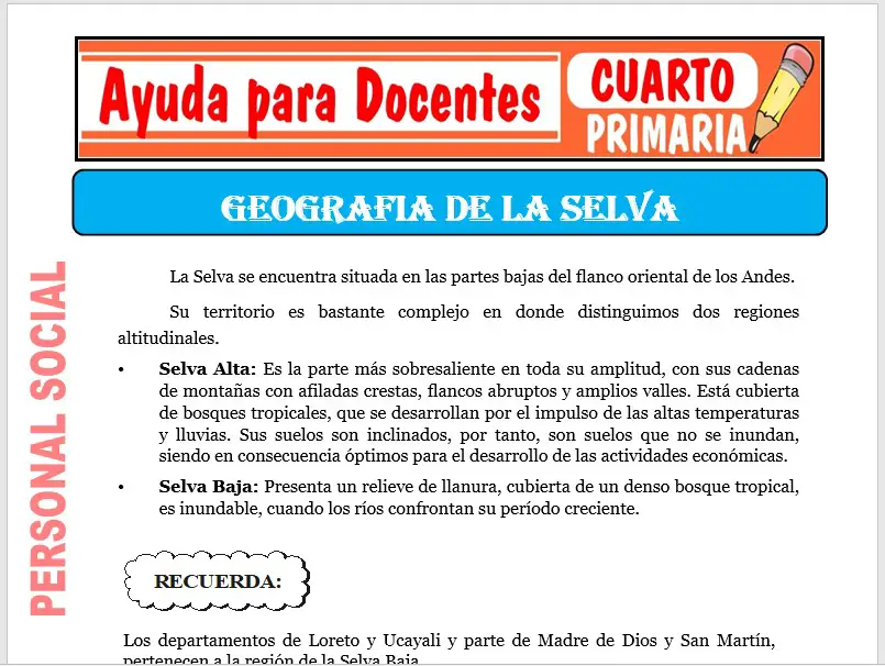 Modelo de la Ficha de Geografía de la Selva para Cuarto de Primaria