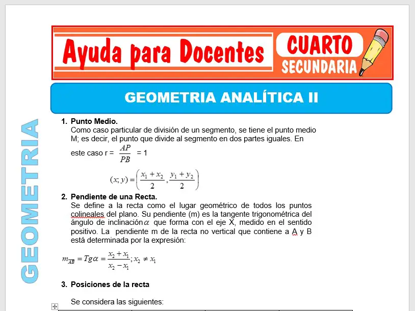 Modelo de la Ficha de Geometría Analítica II para Cuarto de Secundaria