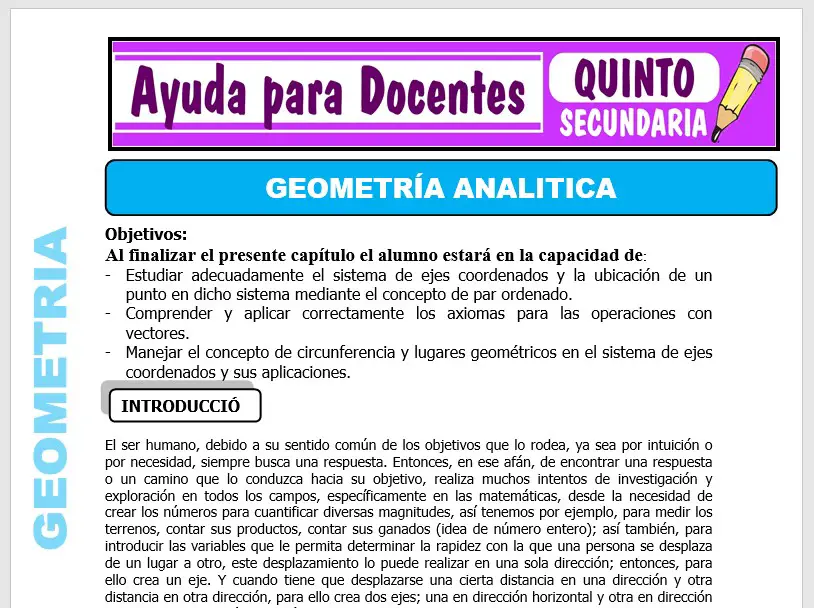 Modelo de la Ficha de Geométria Analítica para Quinto de Secundaria