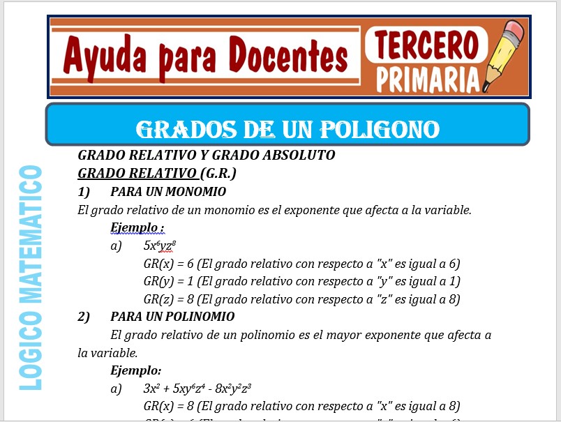 Modelo de la Ficha de Grados de un Polinomio para Tercero de Primaria Modelo de la Ficha de Grados de un Polinomio para Tercero de Primaria