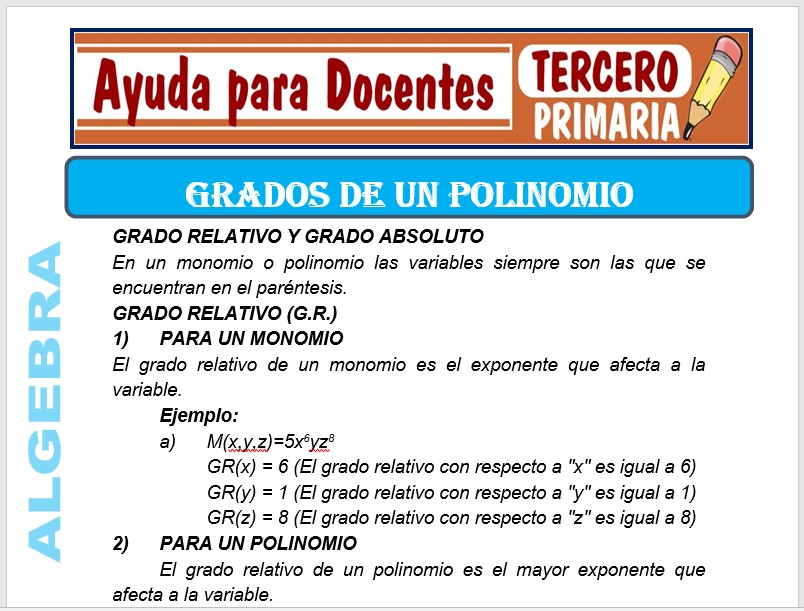 Modelo de la Ficha de Grados de un Polinomio para Tercero de Primaria