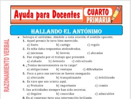 Modelo de la Ficha de Hallando el Antónimo para Cuarto de Primaria